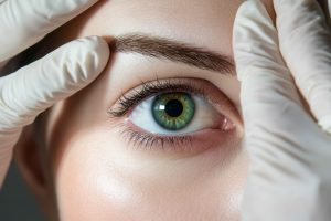 Una persona con ojos verdes examinada por un médico tras el tratamiento de la enfermedad ocular tiroidea.